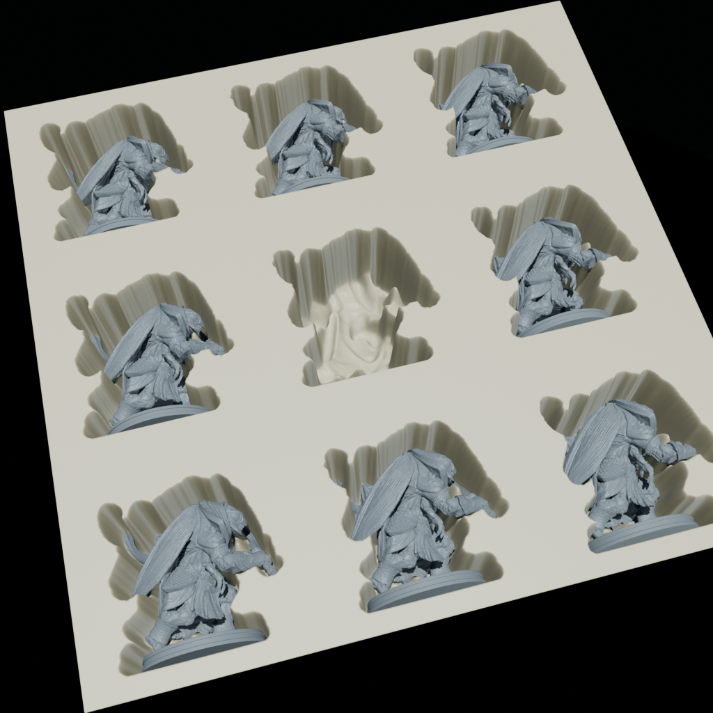 Studio render of a tray with shaped cavities and miniature figures, illustrating the vacuum-mold geometry tool.