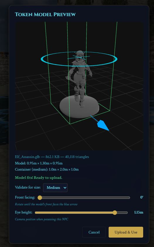 Masterwork VTT model-import preview showing a character model, size validation, orientation and eye-height controls.