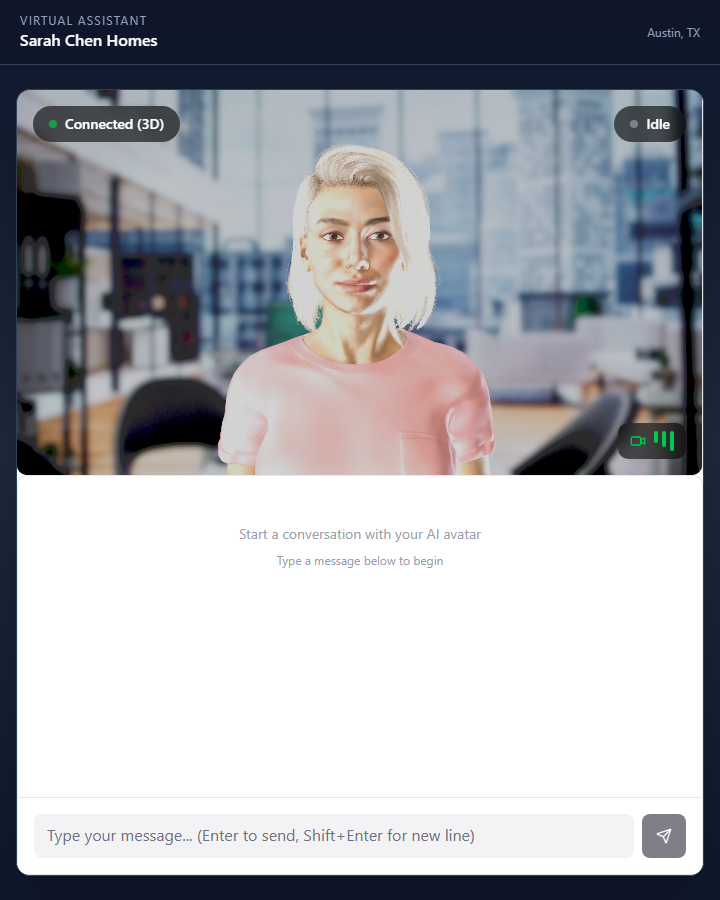 The browser avatar assistant interface in the fictional Sarah Chen real-estate demonstration.